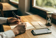 Mãos escrevendo uma carta à mão numa mesa de madeira, com envelope, ampulheta e celular com calendário