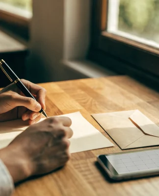 Hands writing a letter by hand on a wooden table, with an envelope, hourglass, and cell phone with a calendar.