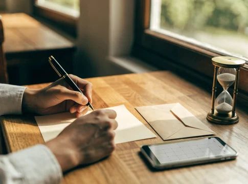 Mãos escrevendo uma carta à mão numa mesa de madeira, com envelope, ampulheta e celular com calendário