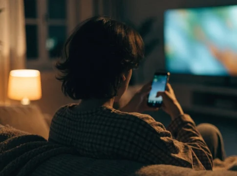Osoba siedzi na kanapie z telefonem komórkowym w ręku, w tle włączony jest telewizor, w pokoju oświetlonym lampą.