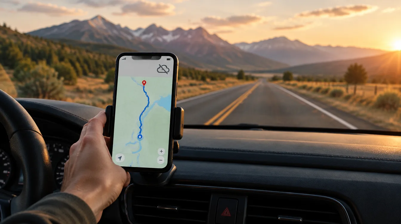 Celular no painel do carro mostrando rota em mapa offline numa estrada