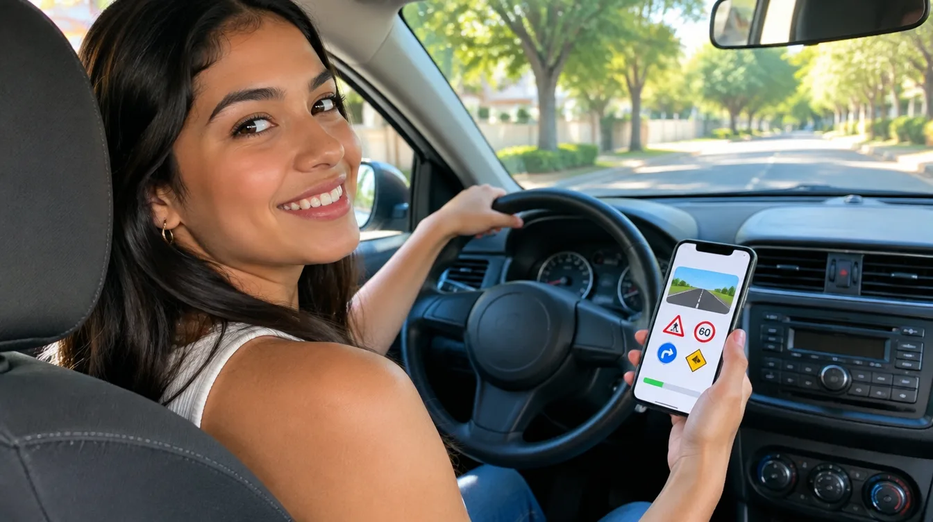 Jovem sorrindo no banco do motorista segurando o celular com uma aula de direção