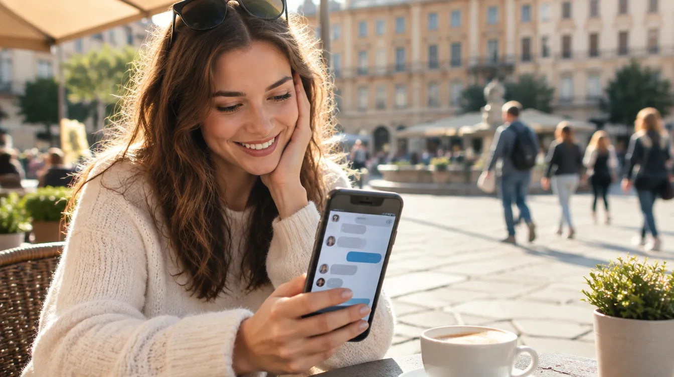 Mulher sorrindo em um café ao ar livre enquanto conversa pelo celular