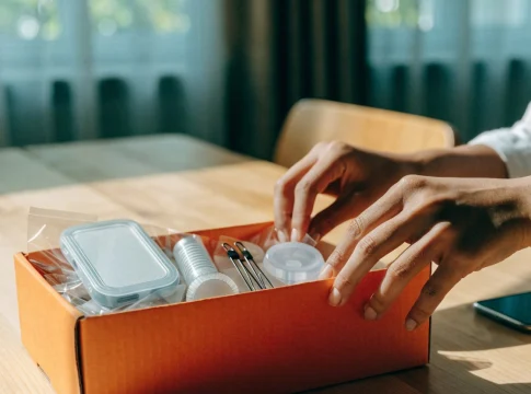 Mãos abrindo uma caixa laranja com pequenos produtos embalados sobre a mesa