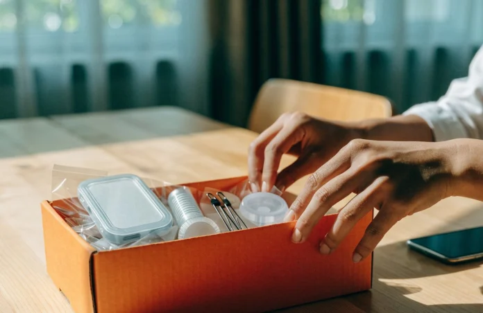 Mãos abrindo uma caixa laranja com pequenos produtos embalados sobre a mesa