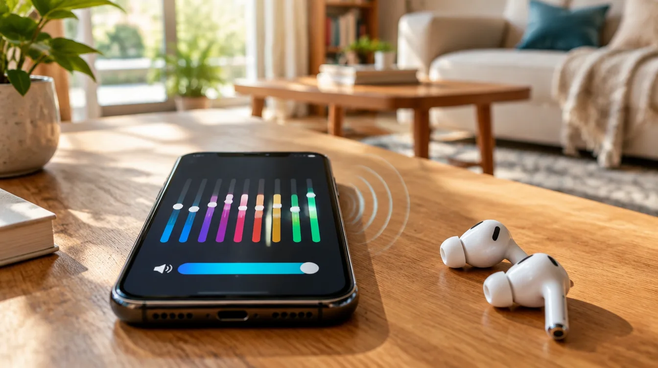 Celular sobre a mesa com equalizador colorido na tela e fones sem fio ao lado