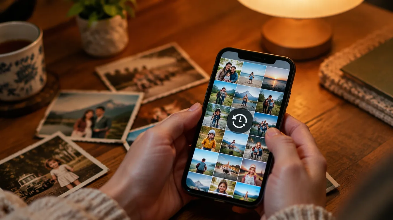 يدان تحملان هاتفًا محمولًا عليه معرض صور وأيقونة استعادة، مع صور مطبوعة على الطاولة.