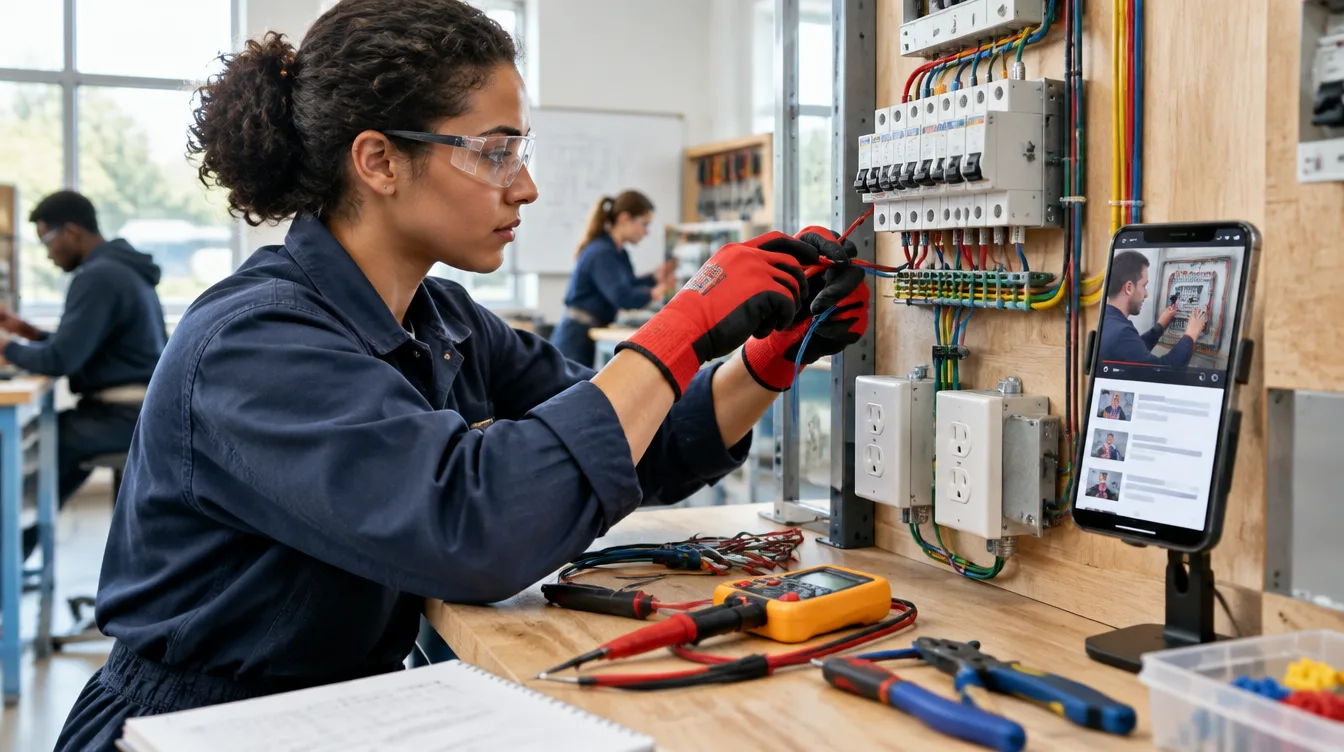 Aluna de curso de eletricista praticando instalação em painel de treinamento com aula no celular