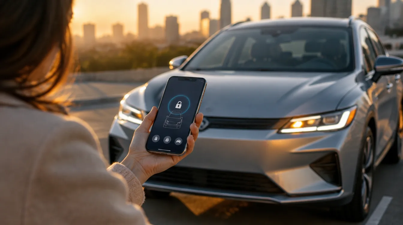 Pessoa apontando o celular com ícone de cadeado para um carro prateado no estacionamento