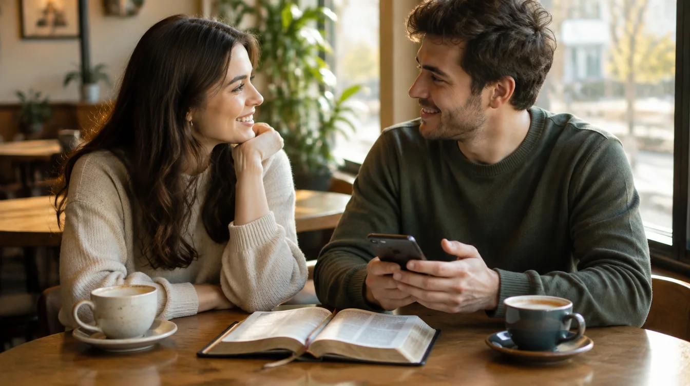 Casal conversando e sorrindo em um café com uma Bíblia aberta sobre a mesa