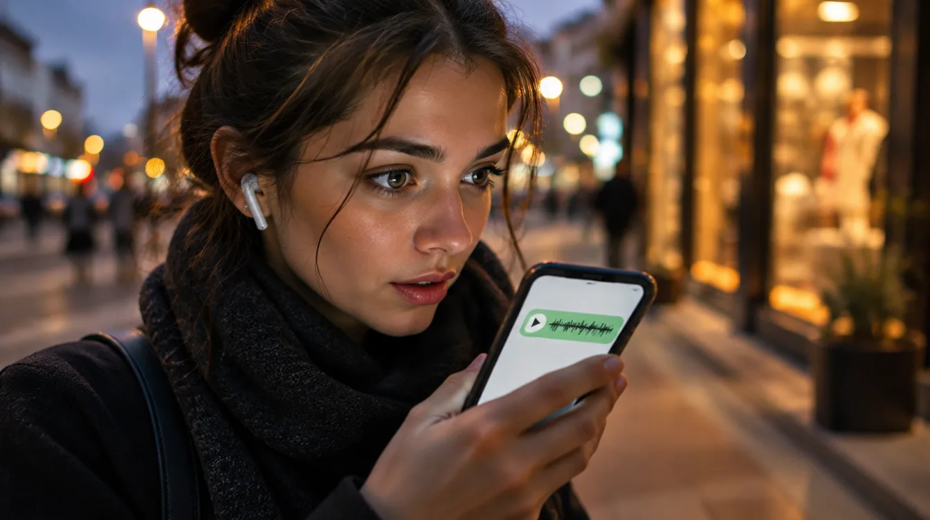Mulher na rua à noite ouvindo uma mensagem de voz no celular com fone de ouvido