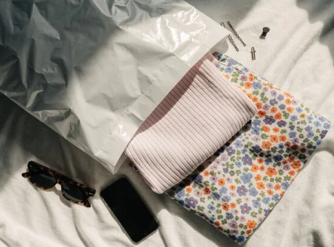 Embalagem branca aberta sobre a cama com roupas dobradas, óculos de sol e um celular