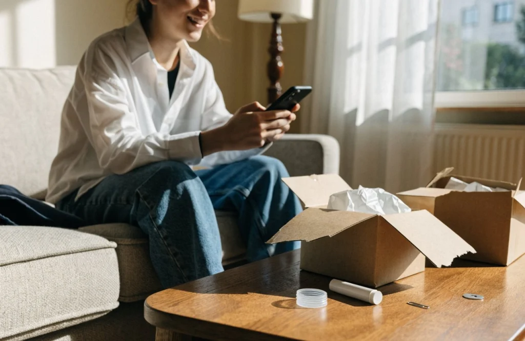Pessoa sorrindo no sofá olhando o celular, com caixas abertas sobre a mesa de centro
