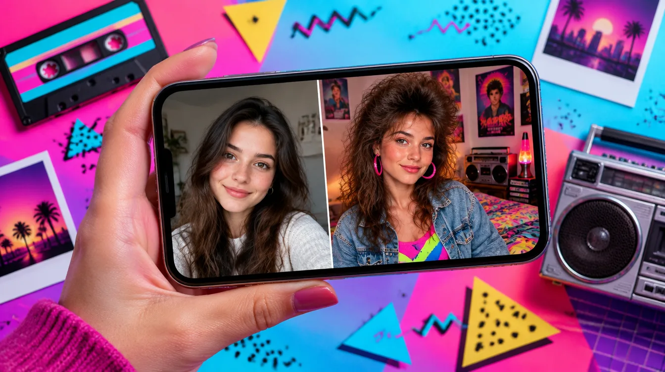 Celular mostrando antes e depois de uma selfie transformada em foto estilo anos 80